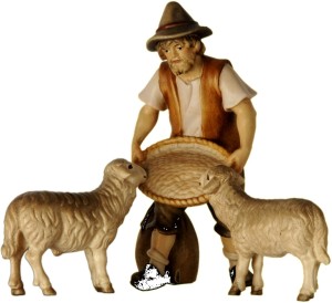 Pastore che alimenta due pecore