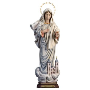 Madonna Medjugorje mit Kirche mit Schein - Linde geschnitzt