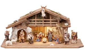 MA Nativity set 17 pcs - Alpine stable with lighting - color - 9,5 cm