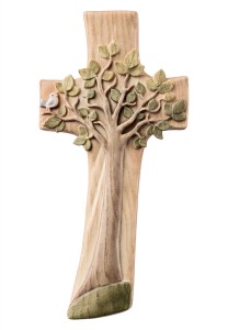 Kreuz Lebensbaum mit Vogel - bemalt - 12 cm