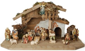 Peace Nativity scene set with 14 figures and shed