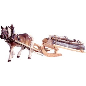 1 Cavallo da tiro con slitta e legna - colorato - 9 cm