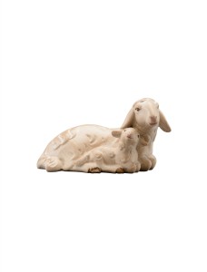 LI Schaf liegend mit Lamm - mehrt&ouml;nig gebeizt - 12 cm