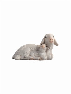 LI Pecora sdraiata con agnello - colorato - 12 cm